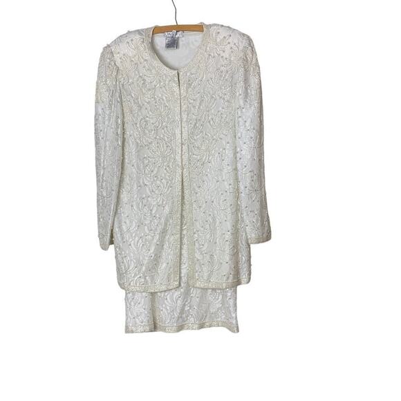 Papell Boutique Evening Off White Lace Beaded Sheath Dress w Long Jacket  Sz 12 - Picture 1 of 13